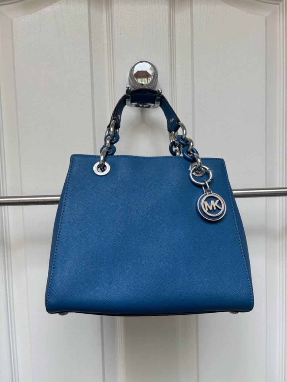 MICHAEL Michael Kors Cynthia satchel in a steel blue color